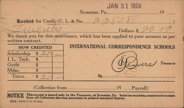 International Correspondence Schools, Receipt for scholarship remittance Scranton Pennsylvania