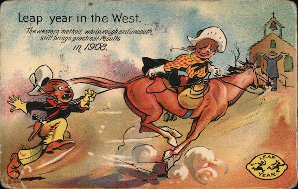 Leap Year in the West. Woman on horseback lassos a cowboy.