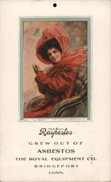 Raybestos - A woman in a chair with a red coat and hat Asbestos Bridgeport Connecticut