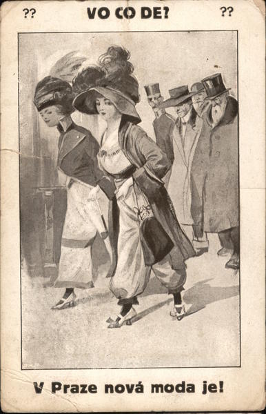 Vo Co De? V Praze nova moda je! Women wear trousers as men stare. Czechoslovakia