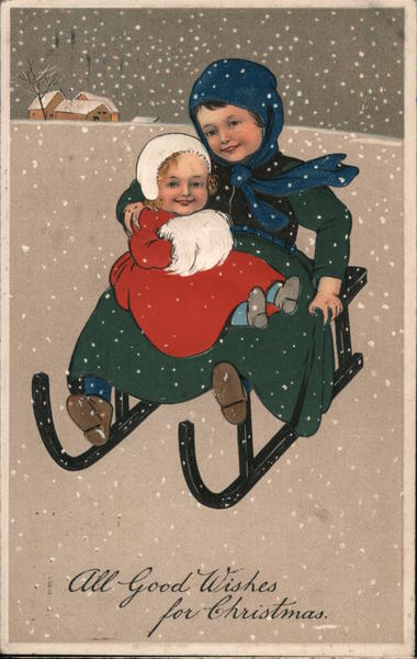 All Good Wishes for Christmas - two children on a sled