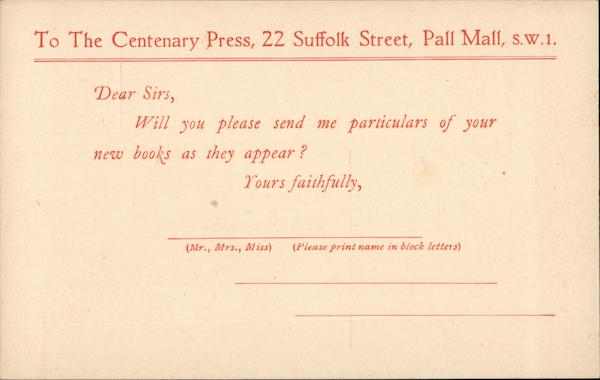1933 To The Centenary Press, Dear Sirs London England