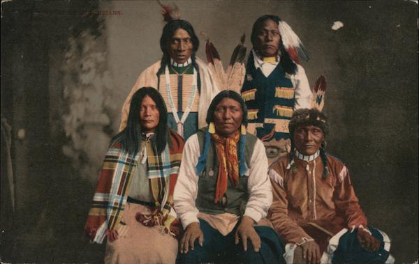 Five Indigenous People Wearing Feathers Native Americana