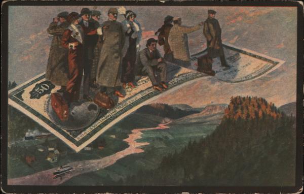 A crowd of people standing on a flying American Bankers' travel cheque