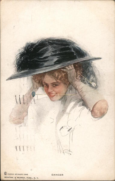Danger - A woman with a large hat and a hatpin between her teeth