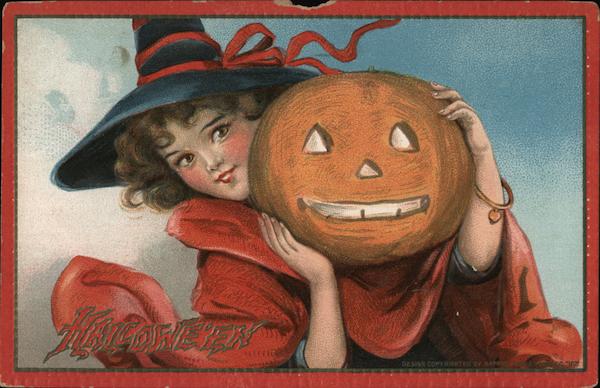 Hallowe'en, Young Girl Witch Holds Jack-o-Lantern Halloween