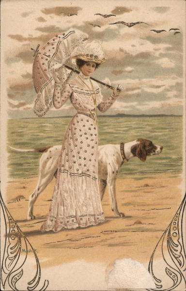 Woman by the beach with parasol and dog Women