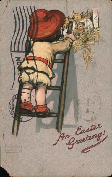 An Easter Greeting - Child on a ladder looking at chicks