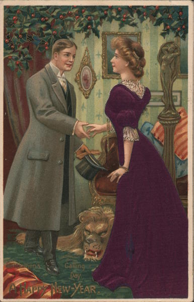 Gentleman's calling day, A Happy New Year - A man is greeting a woman under a canopy of holly