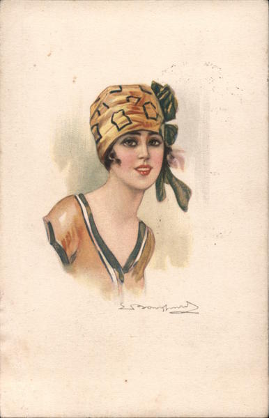 Young woman wearing head scarf in 1920s style Bombard