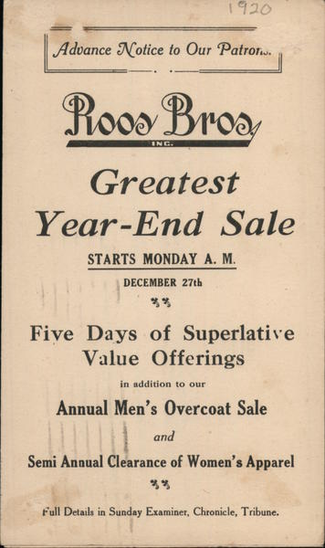 Roos Bros. Greatest Year-End Sale Advertising
