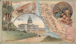 California - A map alongside the Capital and illustrations of scenic areas Trade Cards Trade Card Trade Card Trade Card