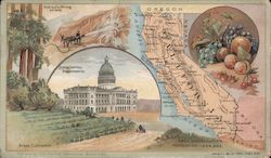 California - A map alongside the Capital and illustrations of scenic areas Trade Card