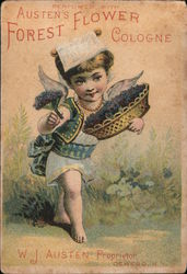 Perfumed with Austen's Forest Flower Cologne - A cherub with a bouquet and basket of flowers Trade Card