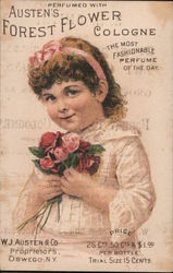 Perfumed with Austen's Forest Flower Cologne, Girl Holding Bouquet of Roses Trade Card