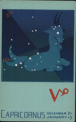 Capricorn: Blue Capricorn Goat Kneeling in Starry Pattern Astrology & Zodiac Postcard Postcard Postcard