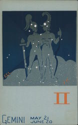 Gemini - A drawing of two twin soldiers with the astrological symbol Postcard