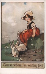 Guess whom I'm waiting for? - little Dutch girl with rabbits Postcard