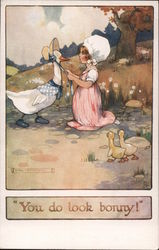 "You do look bonny!" - A girl is tying a bonnet on a goose Artist Signed Agnes Richardson Postcard Postcard Postcard