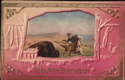 A Happy Birthday - Cowboy Buffalo Scene Postcard