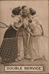 Double Service, Man with Arm Around Two Women Tennis Players Kissing Him Postcard