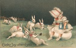 Easter Joy attend you - a girls sits on an egg and watches rabbits frolic Postcard