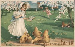 Happy Easter - Girl Reading to Chicks Postcard