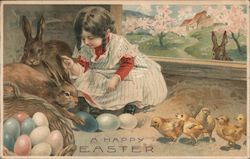 A Happy Easter - a girl surrounded by rabbits and chicks Postcard