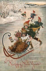 Happy New Year! Children Skate and Sled on Ice Postcard