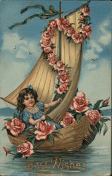 Best Wishes - a girl in a sailboat adorned with roses Postcard