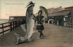 A Plank Shad and a Chicken. - A girl dances with a fish wearing a boater hat Fantasy Postcard Postcard Postcard