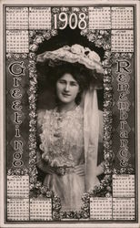 Greeting Remembrance 1908 - A photo of a woman surrounded by a years' worth of calendars Postcard