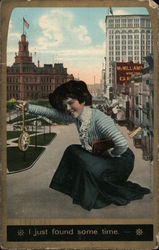 I just found some time - A woman kneeling, holding out a pocket watch Postcard