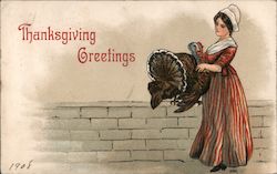 Colonial Woman Holding a Live Turkey Postcard