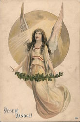 Vesele Vanoce! - An angel in front of the sun holding a holly bough Postcard