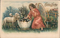 Easter Greeting - Angel with Watering Can Tends Flowers, Lambs Postcard