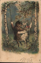 Two Cats on a Swing Kissing Postcard
