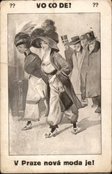 Vo Co De? V Praze nova moda je! Women wear trousers as men stare. Postcard