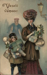 Veselé Vánoce - Mother and Daughter Xmas Shopping Postcard