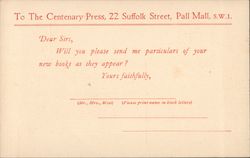 1933 To The Centenary Press, Dear Sirs Postcard