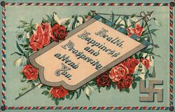 Health, happiness and prosperity attend you - A banner with flowers and a swastika Postcard