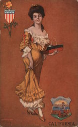 California, Elegantly Dressed Woman Holds Model Ship State Flowers & Seals Postcard Postcard Postcard