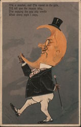 half-moon in a top hat and tuxedo with a cane Postcard
