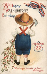 A Happy Washington's Birthday - a boy with an axe and cherry tree Postcard