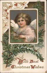 With Best Christmas Wishes, cherub and evergreen bough Postcard