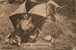 Fork Lightning, Woman Attacks Umbrella Couple with Pitchfork Comic Postcard Postcard Postcard