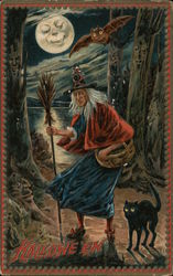 Halloween - A Witch with Broomstick, Black Cat and Bat by Moonlight Postcard