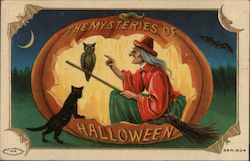 The Mysteries of Halloween - A witch with her cat and owl inside a pumpkin Postcard