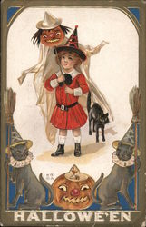 Halloween - A Girl Holds Ghost on a Stick with Jack-o-Lantern Head Postcard