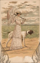 Woman by the beach with parasol and dog Postcard